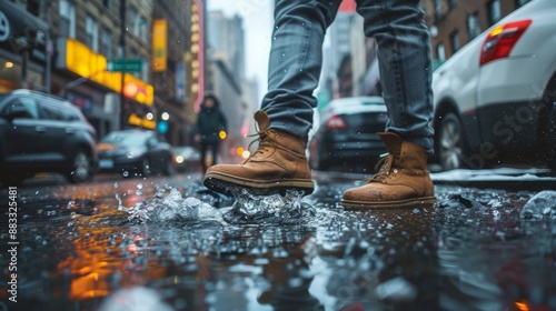 Rainy City Street Adventure: Splashing through the Puddles of Urban Life