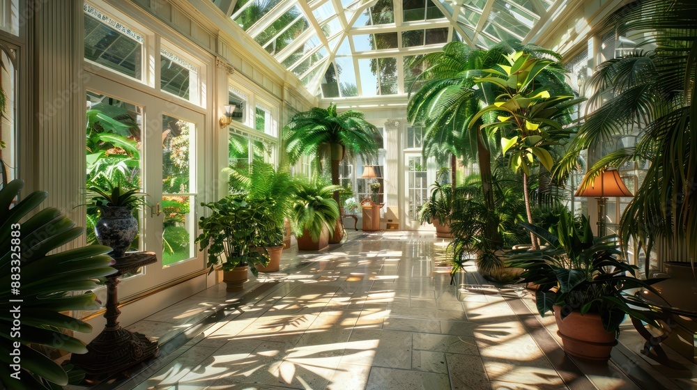Obraz premium The elegant, glass-enclosed conservatory of a Suburban Victorian home, filled with tropical plants and serving as a year-round garden room