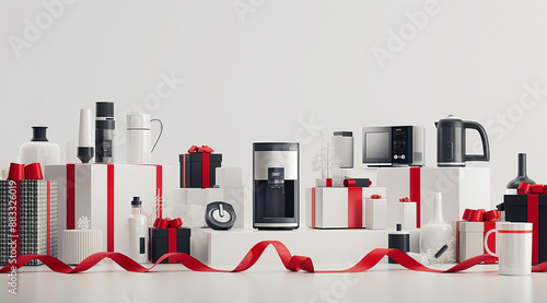 Set of home appliances with red gift ribbon isolated on white background, in the style of a
