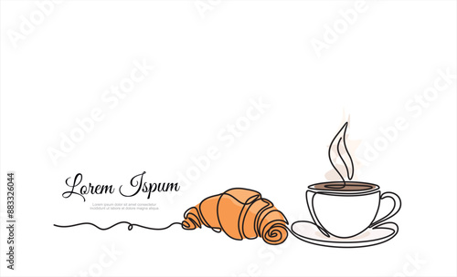 Croissant and coffee drawn in one line style. Breakfast theme with linear pastry and coffee for logo and posters, simple sketch design. Vector illustration isolated on white background	
