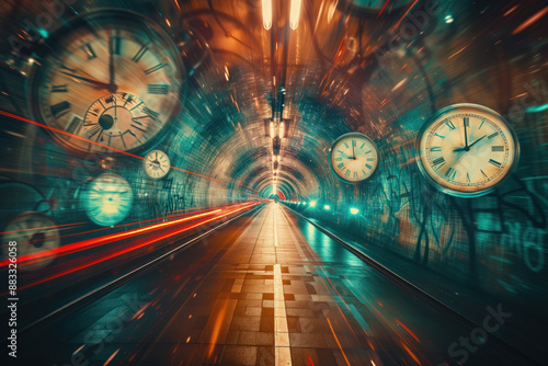 Time travel traffic is captured in hyperspace tunnel lined with clocks surreal visual manner AI Generative photo