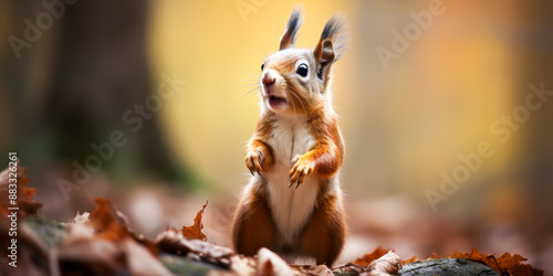 Curious Red Squirrel in Autumn Forest Captured Mid Pose