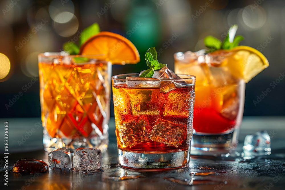 Refreshing Mixed Cocktails with Ice and Citrus Garnishes on Rustic Bar Counter