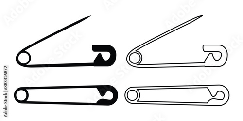Safety pin black and white flat vector icon set. Safety pin symbol and clip art