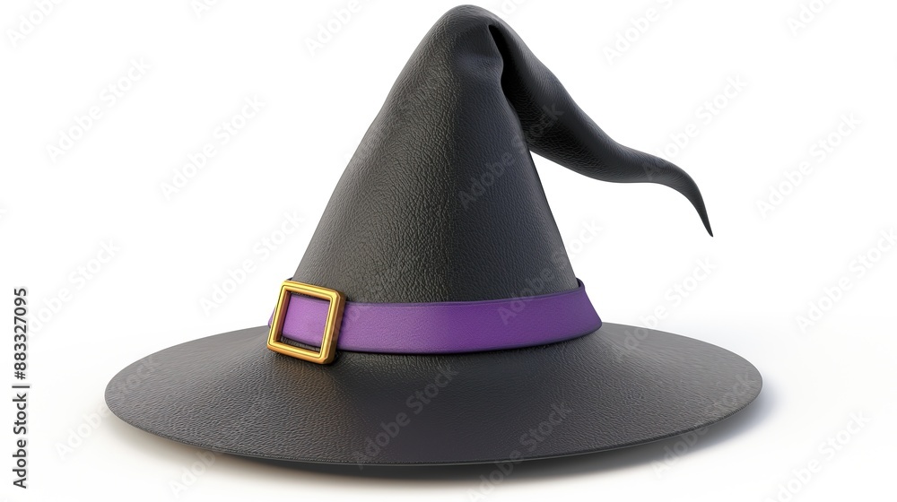 close up on black witch hat with purple stripe and buckle prop accessory on white background