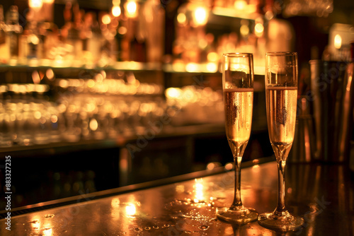 Elegant Champagne Glasses in a Warmly Lit Bar, Perfect for Celebration and Nightlife ry