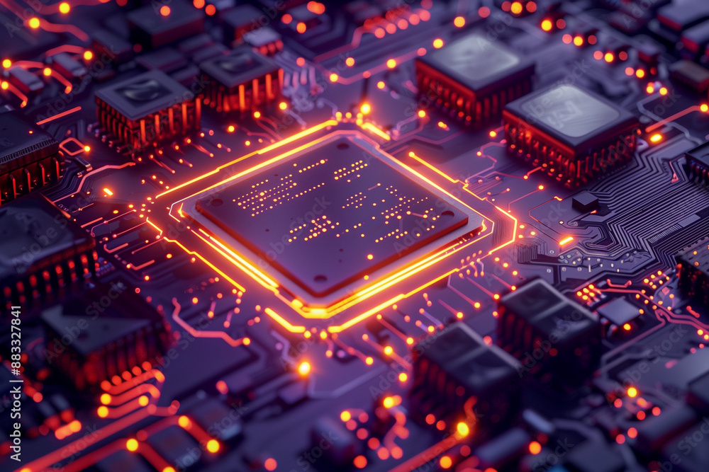 A close up of an advanced circuit board with glowing neon lights, showcasing the precision and technology behind it. The focus is on intricate patterns in yellow, purple, and blue color tones, with vi A close up of an advanced circuit board with glowing neon lights, showcasing the precision and technology behind it. The focus is on intricate patterns in yellow, purple, and blue color tones, with vi