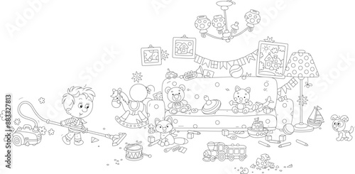 Funny little boy vacuuming his room with a vacuum cleaner after a merry game with friends and a puppy, black and white vector cartoon illustration for a coloring book