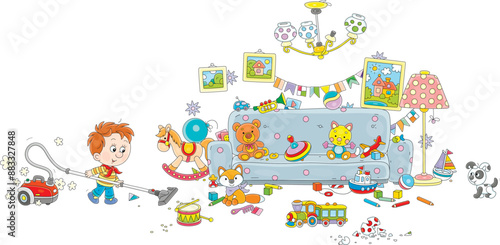 Funny little boy vacuuming his room with a vacuum cleaner after a merry game with friends and a puppy, vector cartoon illustration isolated on a white background