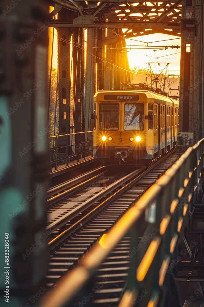 Modern Train Crossing Historic Bridge at Sunset - Architectural Design for Print, Card, Poster Modern Train Crossing Historic Bridge at Sunset - Architectural Design for Print, Card, Poster
