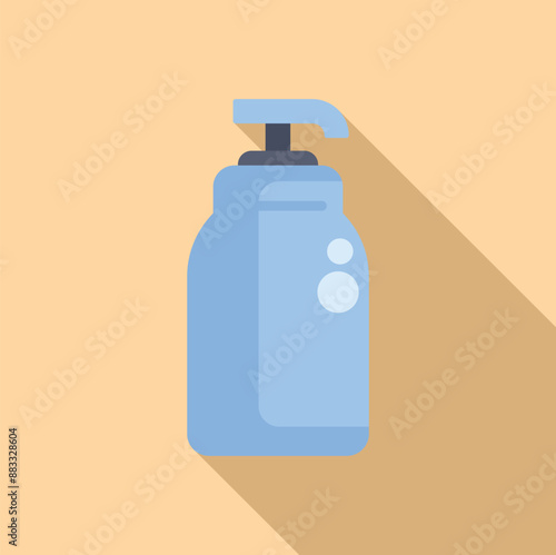 Blue plastic bottle dispenser for liquid soap or shampoo casting a shadow on a yellow background