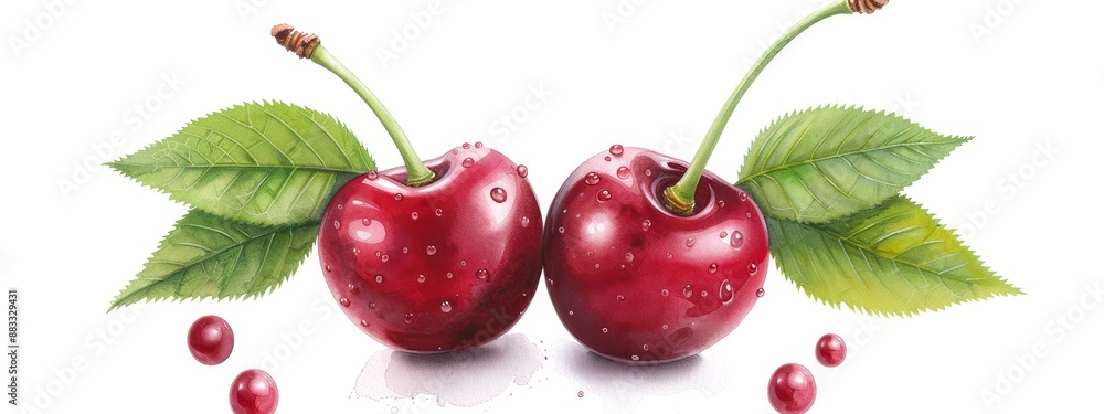 Two cherries with green leaves and waters drops, on a pristine white backdrop Two cherries with green leaves and waters drops, on a pristine white backdrop