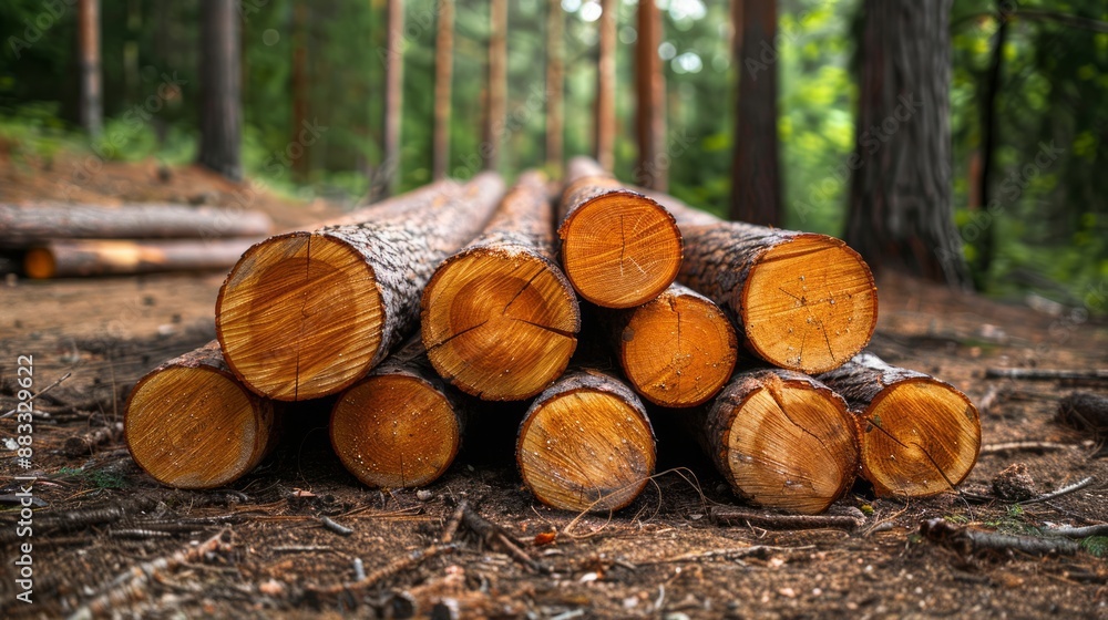 Stacks of Freshly Cut Logs in a Peaceful Pine Forest Stacks of Freshly Cut Logs in a Peaceful Pine Forest