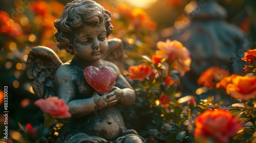 Serene Cherub Statue in Heartfelt Rose Garden at Sunset Ambience © pixcel3d