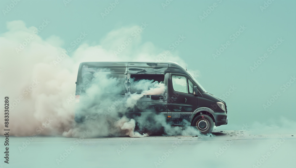 Obraz premium Van on fire with smoke billowing out windows light blue background Vehicle Emergency Concept