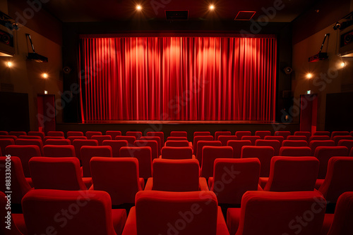 Cinema hall red velvet seats stage background with curtains drawn Theater Movie Performance Venue Concept 