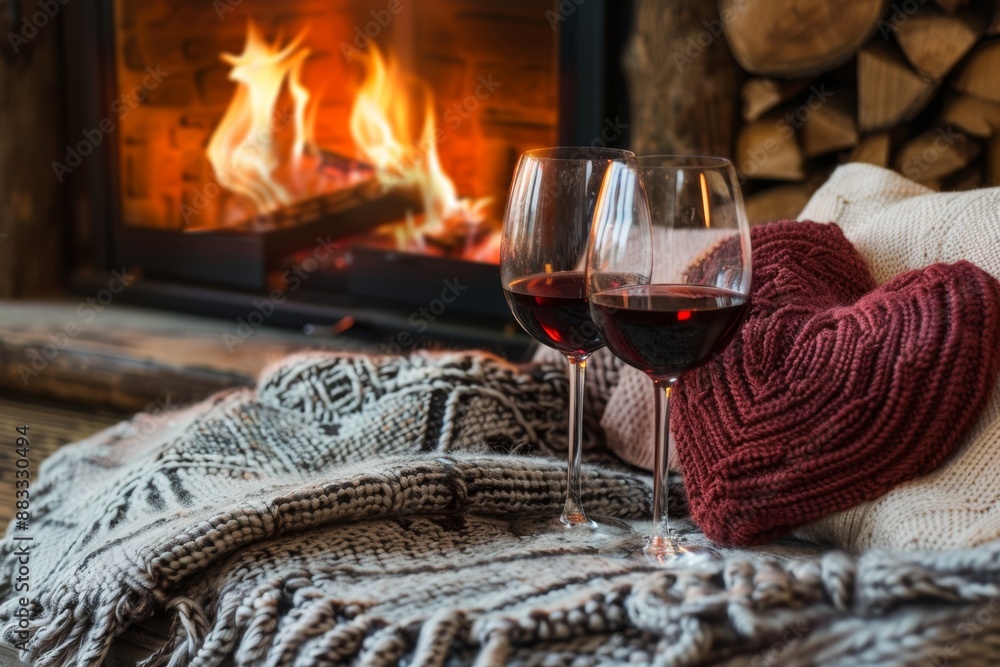 Cozy Romantic Fireplace Setting with Wine Glasses, Heart-Shaped Pillows, and Cozy Blanket Cozy Romantic Fireplace Setting with Wine Glasses, Heart-Shaped Pillows, and Cozy Blanket