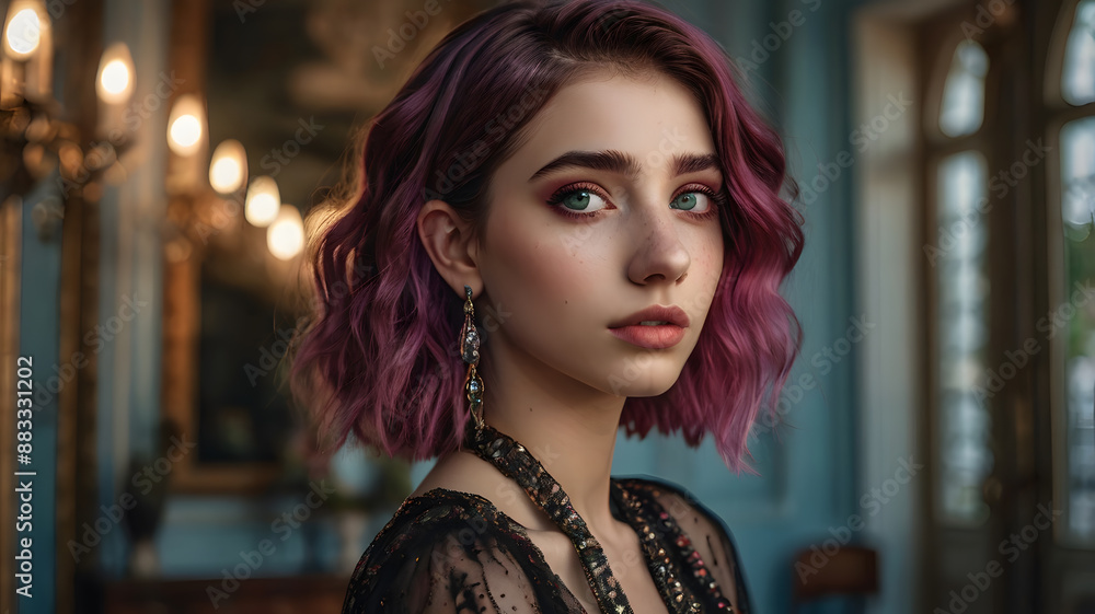 Photorealistic full-body candid portrait of teen Emily Rudd with short, layered magenta hair. She is wearing daring, extravagant urban street style. Extremely narrow nose, long nose, straight nose Photorealistic full-body candid portrait of teen Emily Rudd with short, layered magenta hair. She is wearing daring, extravagant urban street style. Extremely narrow nose, long nose, straight nose