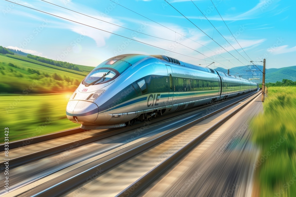 Fototapeta premium Sleek High-Speed Train Speeding Through Scenic Countryside Landscape with Rolling Green Hills