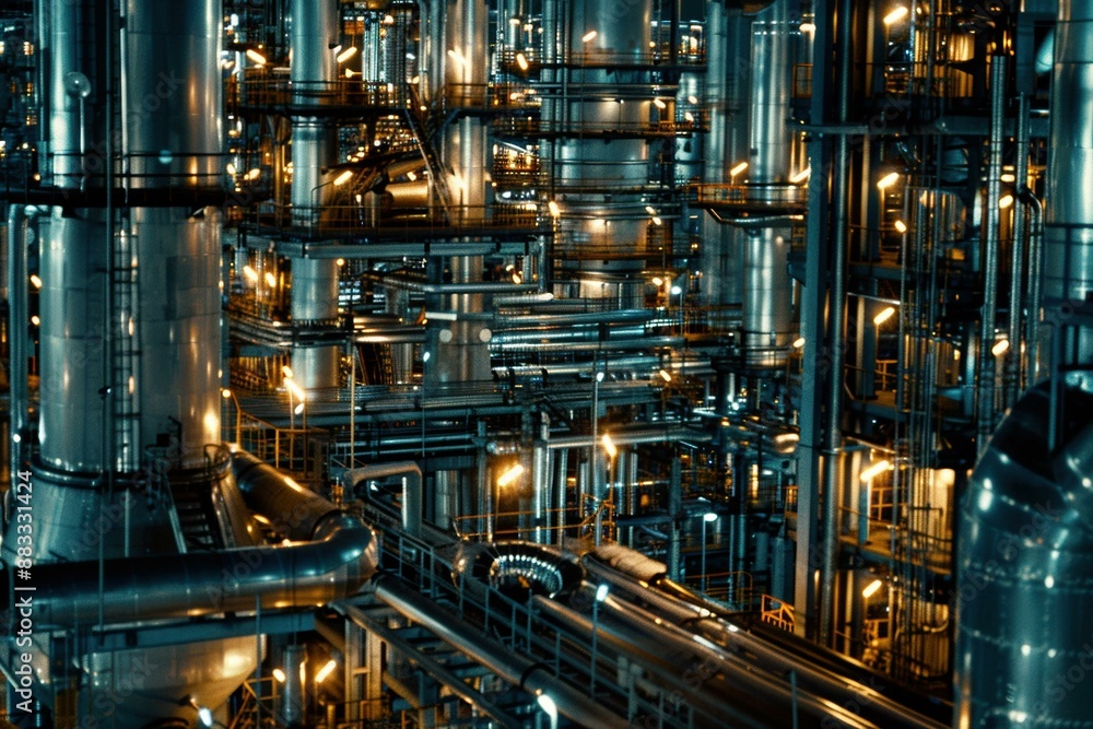 A complex network of pipes and machinery in an industrial setting. AI. A complex network of pipes and machinery in an industrial setting. AI.