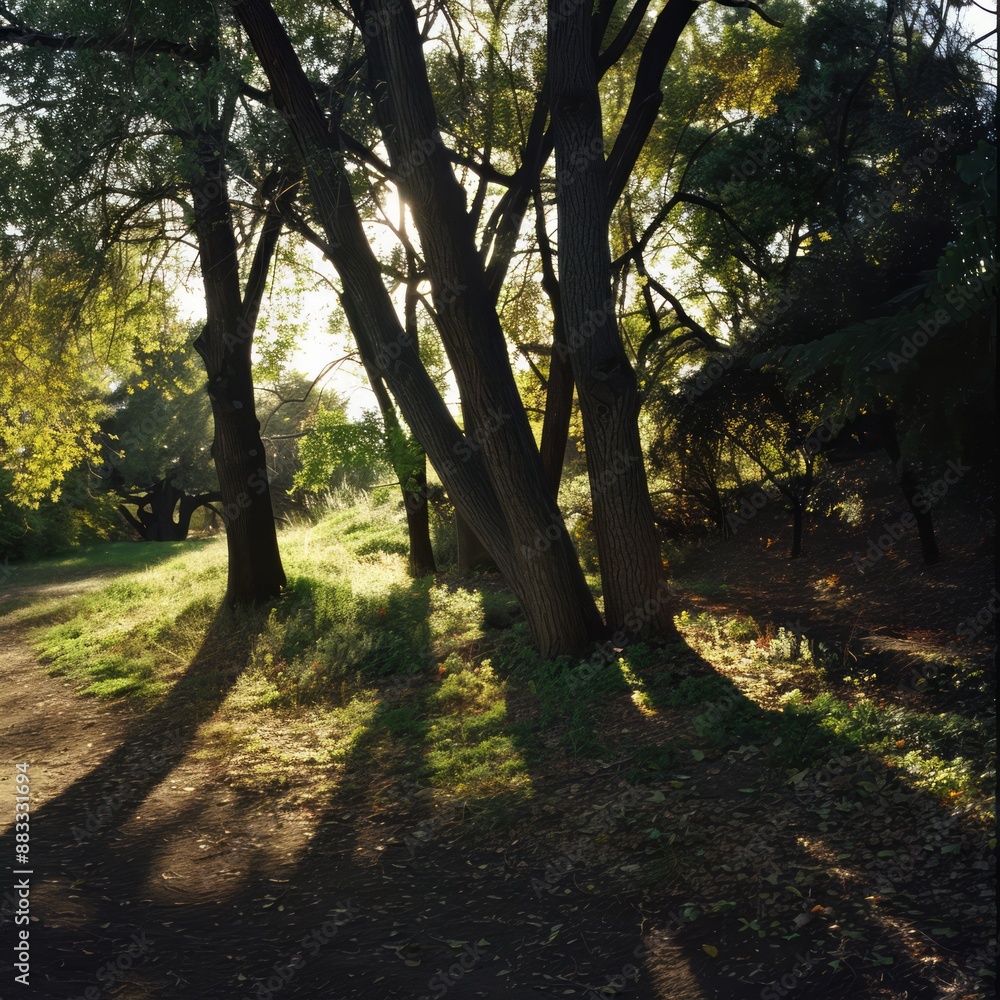 A forest with trees casting shadows on the ground A forest with trees casting shadows on the ground