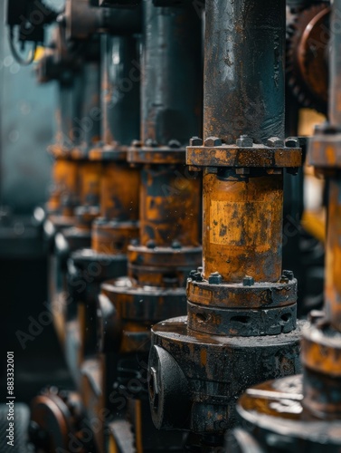 Close-up of industrial pipes and valves. AI.