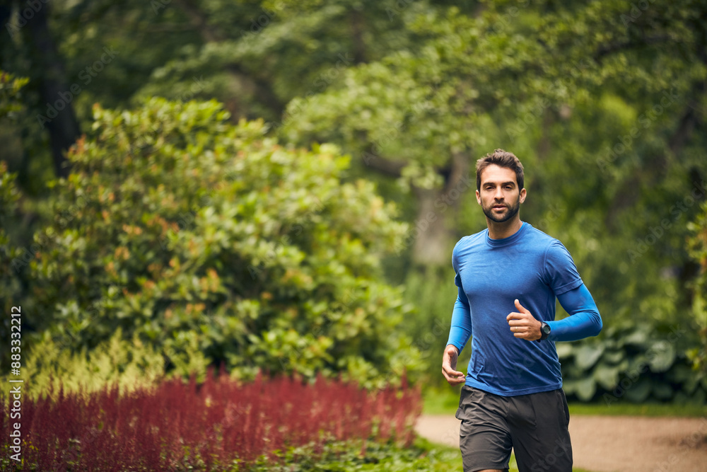 Portrait, fitness and man in nature for running challenge, wellness and healthy outdoor exercise. Morning, training and runner on path in park with commitment, progress and athlete in muscle workout. Portrait, fitness and man in nature for running challenge, wellness and healthy outdoor exercise. Morning, training and runner on path in park with commitment, progress and athlete in muscle workout.