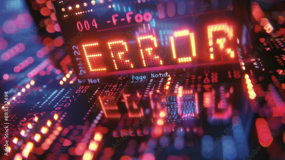 Red glowing circuit board with error message. AI.