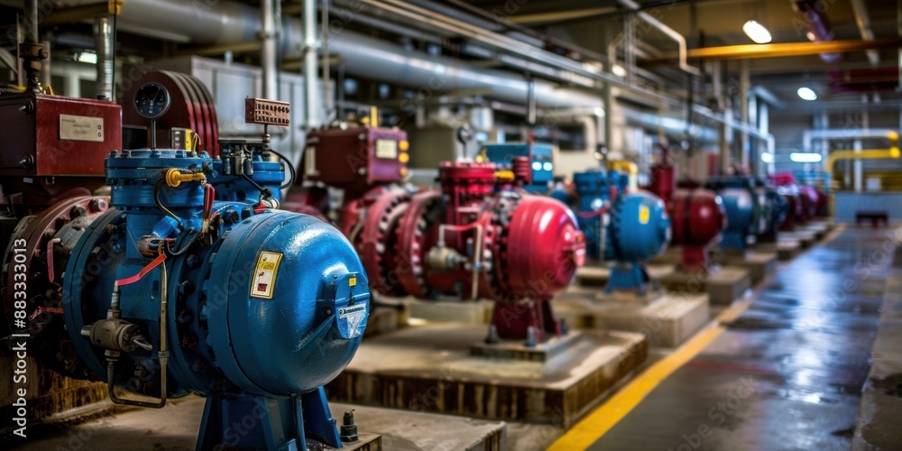 Large industrial water pumps in a factory. AI. Large industrial water pumps in a factory. AI.