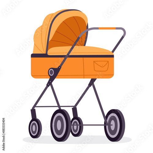 Cartoon baby stroller. Baby toddlers pushchair carriage, kids safety transport for outdoor walking isolated flat vector illustration. Baby wheeled pramsuit on white