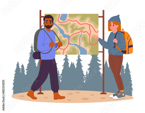 Hiking people. Active couple trekking, outdoor adventure, characters hiking and navigate terrain flat vector illustration. Cartoon tourists scene
