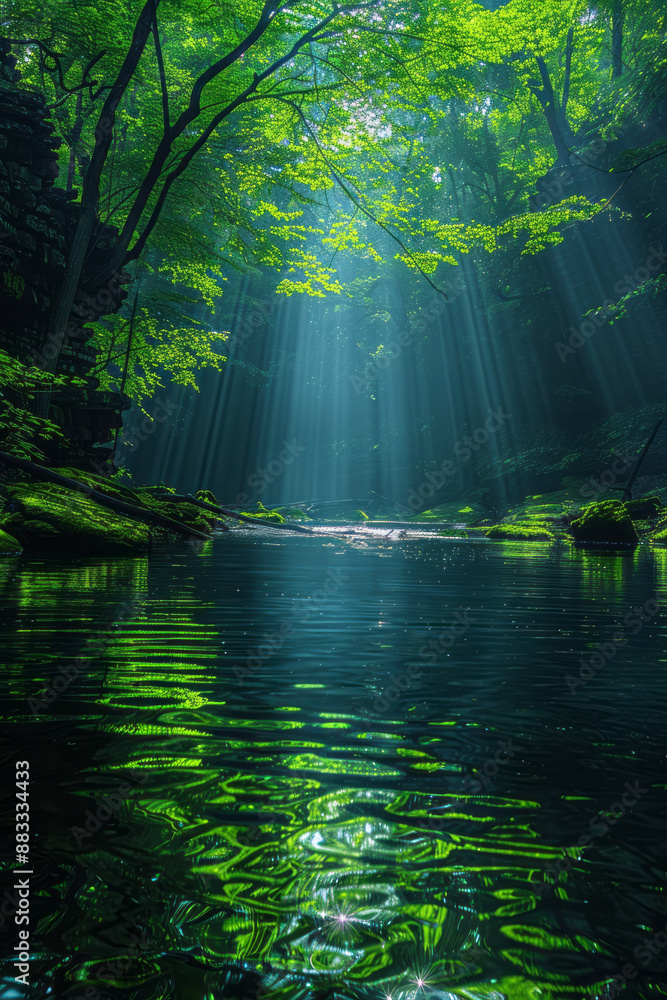 Obraz premium The gates of heaven revealing a paradise of lush forests, sparkling waters, and serene valleys,