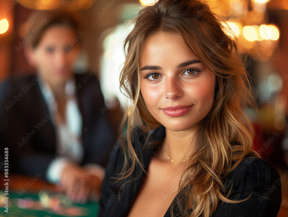 Obraz premium Girl playing in casino. room for casino games. The dealer, an elegant woman, stands at the poker table. poker table covered with green cloth. Money, bets, roulette,