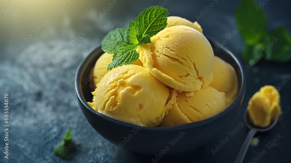 mango ice cream, professional studio photography of mango ice cream in a bowl, High resolution. Photorealistic lighting, 8K. Super resolution, megapixels, professional photo, 8k, depth of field mango ice cream, professional studio photography of mango ice cream in a bowl, High resolution. Photorealistic lighting, 8K. Super resolution, megapixels, professional photo, 8k, depth of field