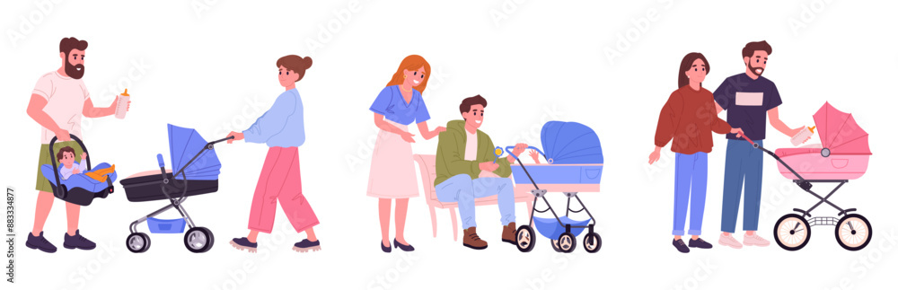 Moms and dads with baby strollers. Parents walking together with newborn child in carriage, family outdoor recreation flat vector illustration set. Cartoon parenting scenes Moms and dads with baby strollers. Parents walking together with newborn child in carriage, family outdoor recreation flat vector illustration set. Cartoon parenting scenes