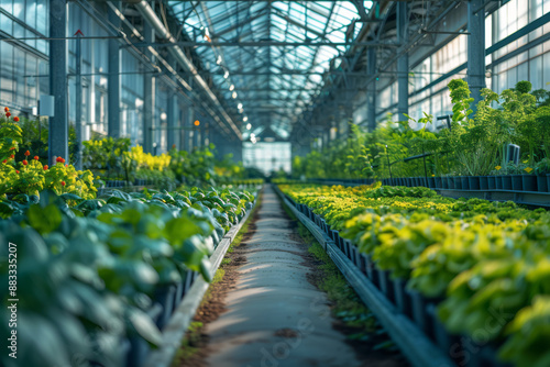 An aerial view of a greenhouse complex with glass roofs reflecting the sky,