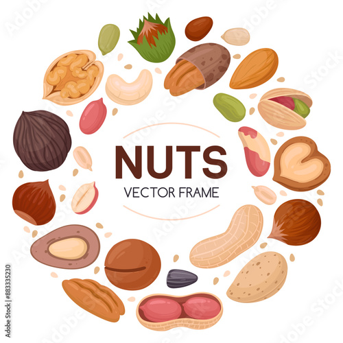 Nuts design frame. Cartoon nut snacks frame, hazelnut, walnut, almond and pistachio frame of round shape flat vector illustration. Circle nuts border frame