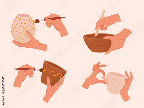 Potters hands create ceramic. Potters hands make, form and paint pots, earthenware on potters wheel flat vector illustration set. Pottery workshop process