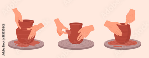 Potters hands making pots. Pottery workshop process, hands create earthenware on potters wheel flat vector illustration set. Ceramic studio potters modeling clay vases