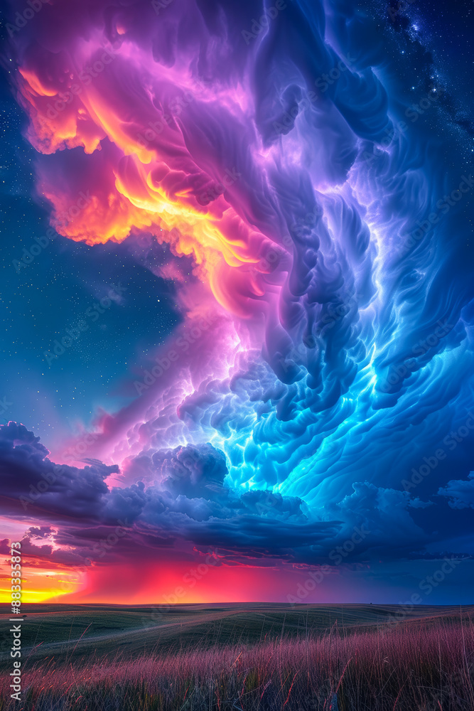 Majestic Sunset with Vibrant Rainbow Colored Clouds Over Serene Field and Starry Night Sky Majestic Sunset with Vibrant Rainbow Colored Clouds Over Serene Field and Starry Night Sky