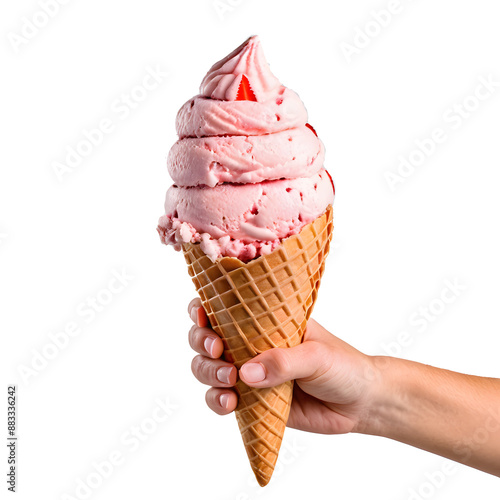 Hand Holding Strawberry Ice Cream cone isolated on transparent background photo