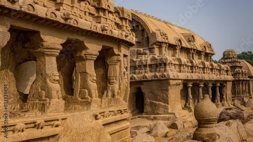 Exclusive Monolithic - Five Rathas or Panch Rathas are UNESCO World Heritage Site located at Great South Indian architecture. World Heritage in South India, Tamil Nadu, Mamallapuram or Mahabalipuram.	