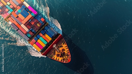 top view of a colorful cargo container ship carrying many containers while sailing in the deep blue sea