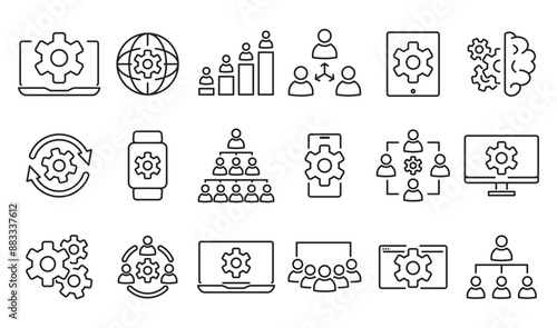 Settings icon set. Business thin line icon set, Update, upgrade, configuration, operation, Containing options, progress bar and install concept icon isolated on transparent background.