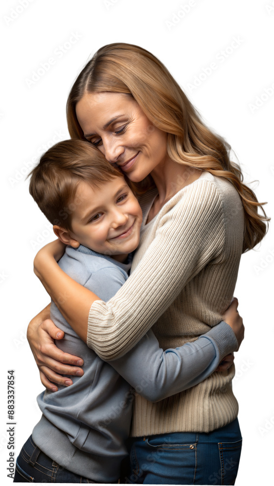 A mother and son embrace in a heartwarming hug, showing love and affection.