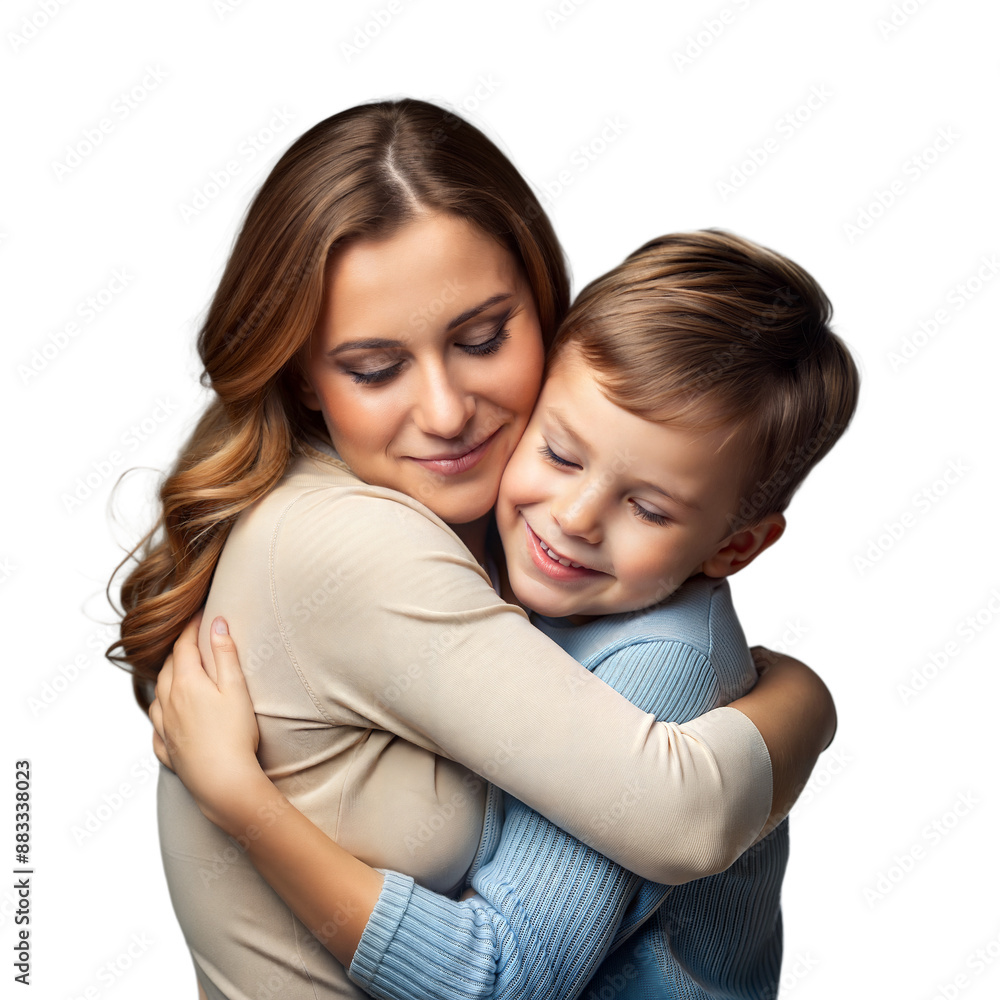 A mother and son embrace in a heartwarming hug, showing love and affection. A mother and son embrace in a heartwarming hug, showing love and affection.