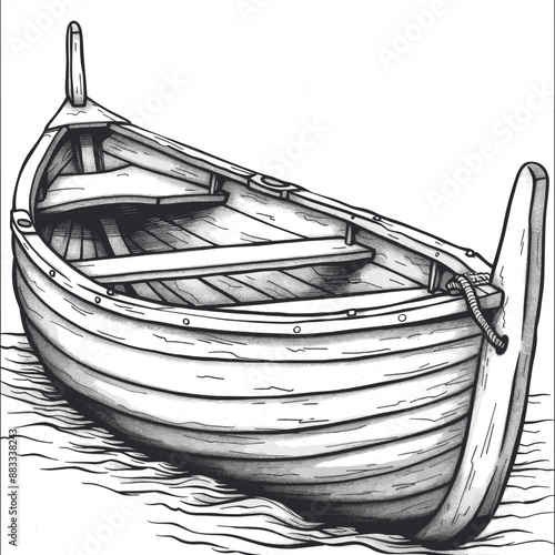 Detailed Black and White Drawing of a Wooden Rowboat on Water for Nautical Art and Marine-Themed Decor