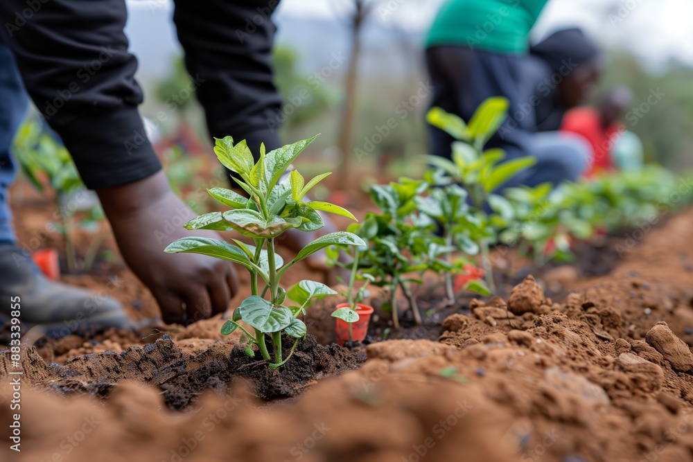 Close-up of a group of gardeners planting young seedlings in rich, dark soil. Close-up of a group of gardeners planting young seedlings in rich, dark soil.