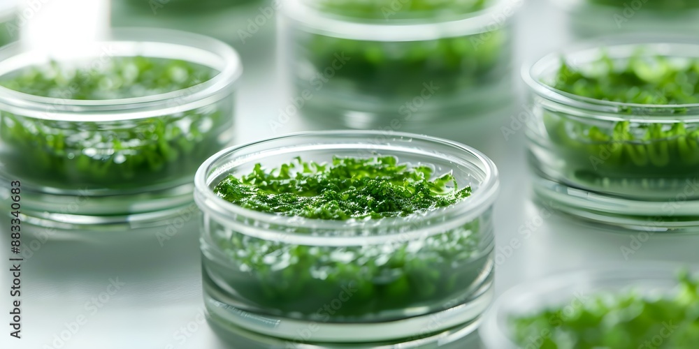 Labgrown meat created from algae mold on petri dishes innovative artificial food. Concept Sustainable Food, Lab-Grown Meat, Algae-based Protein, Future of Food Technology, Artificial Food Production Labgrown meat created from algae mold on petri dishes innovative artificial food. Concept Sustainable Food, Lab-Grown Meat, Algae-based Protein, Future of Food Technology, Artificial Food Production
