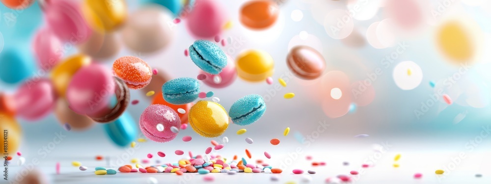 Colorful candies and confetti rain down from a confetti-filled sky, sprinkling joyfully Colorful candies and confetti rain down from a confetti-filled sky, sprinkling joyfully